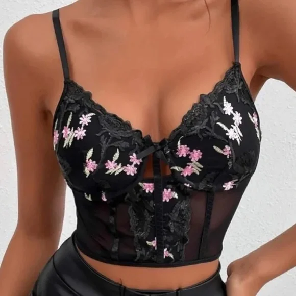 Boho black floral lace sheer corset style  bralette crop - Picture 3 of 4